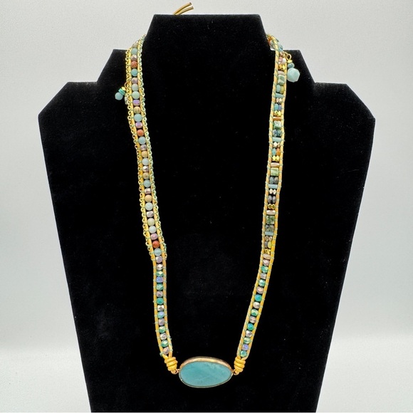 Boho Leather Beaded Necklace w/ Teal Gemstone Pendant 20-22” - Picture 4 of 9